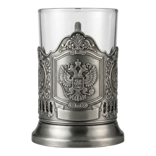 8只装-跨境专供俄式双头鹰金属茶杯托+200ml耐热玻璃杯伏特加酒杯