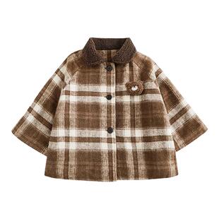 幼悠女童焦糖椰奶格纹翻领外套冬季萌趣可爱小熊玩偶加绒加厚上衣