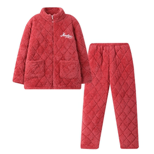 秋冬季女士睡衣三层加厚加绒珊瑚绒夹棉中老年人妈妈款家居服套装