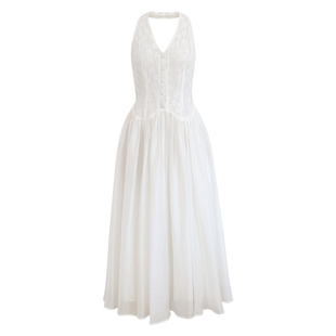 签儿 白色蕾丝女神氛围感超仙连衣裙女夏V领度假长款马甲背心裙子