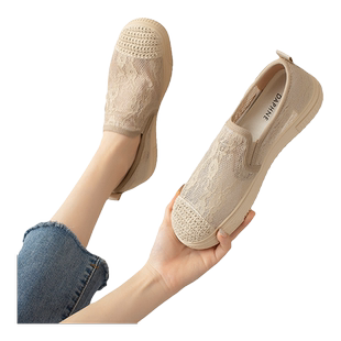 达芙妮渔夫鞋女2026春季新款网面透气网鞋女妈妈单鞋一脚蹬豆豆鞋