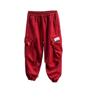 男童红色工装裤春秋2025新款儿童裤子痞帅气宽松中大童男孩休闲裤