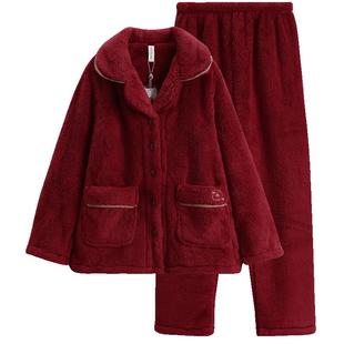 芬腾情侣睡衣秋冬季珊瑚绒女士大红色本命年结婚喜庆家居服男套装