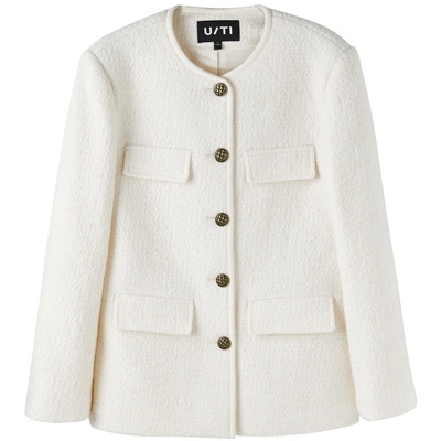 U/TI白色金属扣小香风大衣女通勤优雅绵外套尤缇时尚冬季羊毛混纺