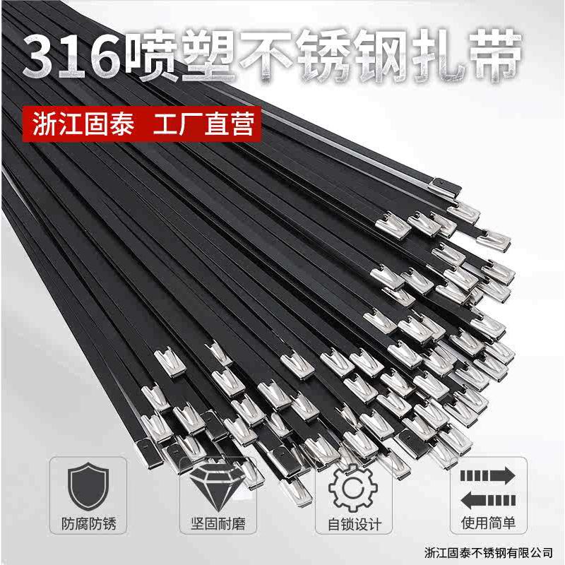 316不锈钢扎带自锁喷塑黑色扎带4.6MM8MM船用港务机场铁路金属
