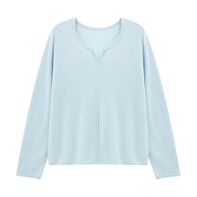 Basic House/百家好白色V领长袖针织衫简约舒适绵羊毛打底衫秋冬