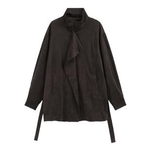 AZure仿牛皮绒风衣立领夹克衫复古简约中长款做旧洋气麂皮绒外套