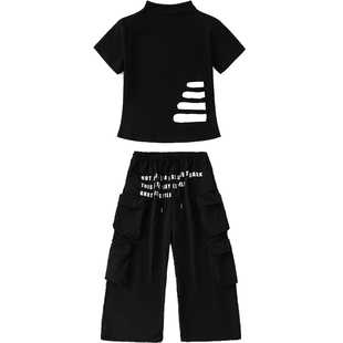 爵士舞服装女童时髦黑色露脐T恤套装女团jazz街舞韩舞走秀演出服