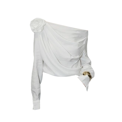 KIKI CHAU 2025早秋新款斜肩立体花朵宽松显瘦纯色衬衫女淡人百搭