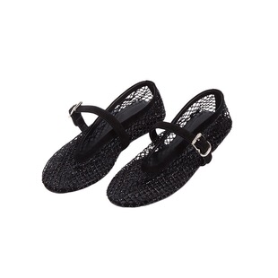 羊皮版~真皮镂空网面凉鞋女夏季一字扣带圆头 平底浅口玛丽珍单鞋
