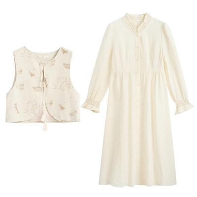 紫涵日系刺绣马甲背心立领宽松衬衫连衣裙两件休闲套装女秋季新款