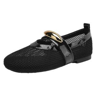 达芙妮平底单鞋女夏季2026新款透气罗马女鞋黑色玛丽珍鞋渔网鞋子