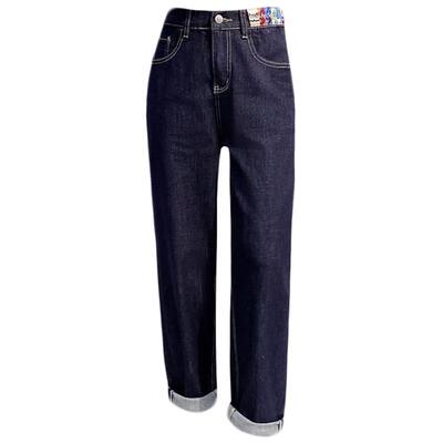 夏季后松紧腰九分女牛仔老爹跨裤