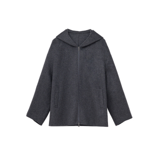 BLUEWEDIAN秋冬廓形绵羊毛双面呢连帽拉链毛呢短款外套女呢子