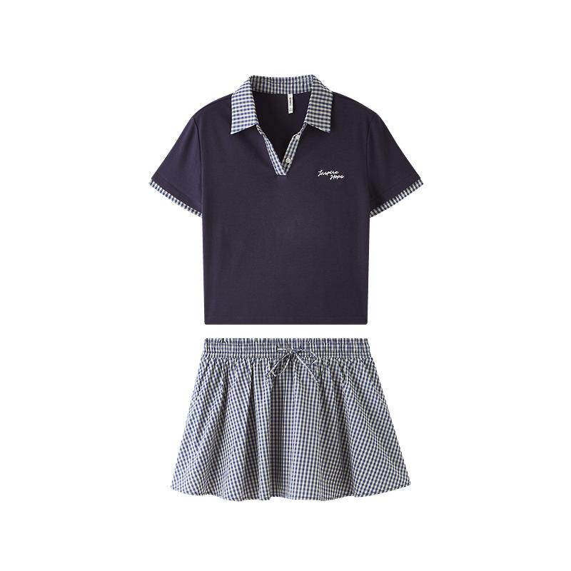 三福套装2026夏季格子领抽绳松紧腰短袖半裙两件套女装521269