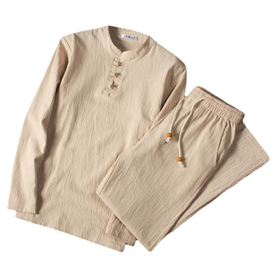汉服古风长袖T恤棉麻亚麻套装男宽松大码居士服中老年禅意禅修服