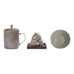 龙泉青瓷办公室水杯带盖家用果盘香薰套装陶瓷茶水杯端午节送礼