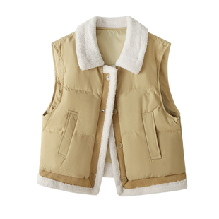 羊羔毛翻领无袖棉服马甲女2025冬季加绒加厚叠穿保暖马夹背心外套