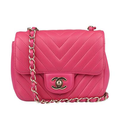 9新CHANEL香奈儿方胖子桃红色羊皮迷你斜挎A35200二手奢侈品包包