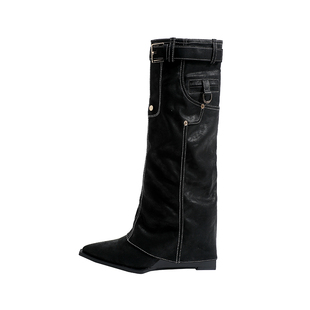 真皮~骄屿尖头裤管靴辣妹风豹纹两穿皮带扣长筒靴显瘦坡跟骑士靴