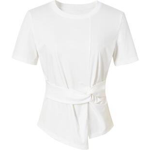 红袖时尚不对称立体扭结T恤hopeshow2024夏新款圆领套头纯色短袖