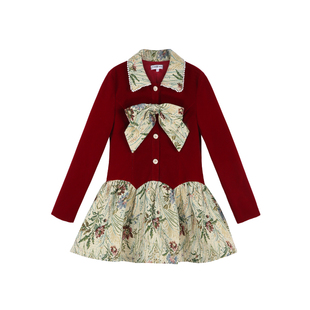 【清仓价】领蝴蝶结裙子洋气提花新年丝绒连衣裙秋冬