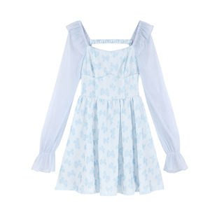 【清仓价】蝴蝶结印花法式蓝色方领连衣裙女高级感仙女收腰a字裙