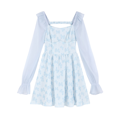 蝴蝶结印花法式蓝色方领连衣裙