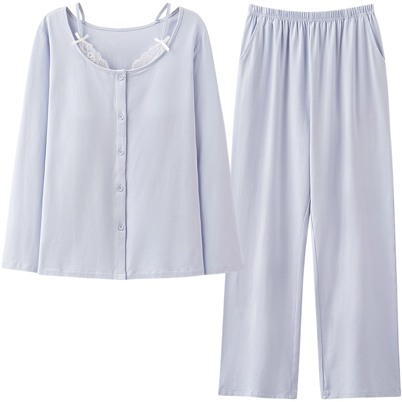 马克公主带胸垫闺蜜睡衣女秋季甜美假两件蕾丝柔软棉防凸点家居服