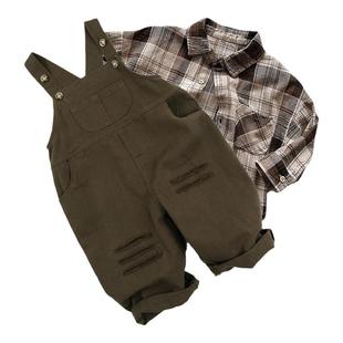 男童春装2026新款中小童长袖衬衫男宝韩系割破背带裤帅气春季套装