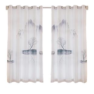 罗马杆窗帘整套新款中式山水画白纱帘透光不透人阳台卧室客厅窗纱