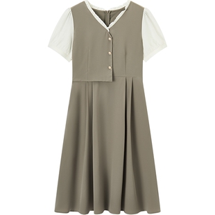 爱居兔假两件收腰连衣裙夏季新款通勤职场风短袖长裙