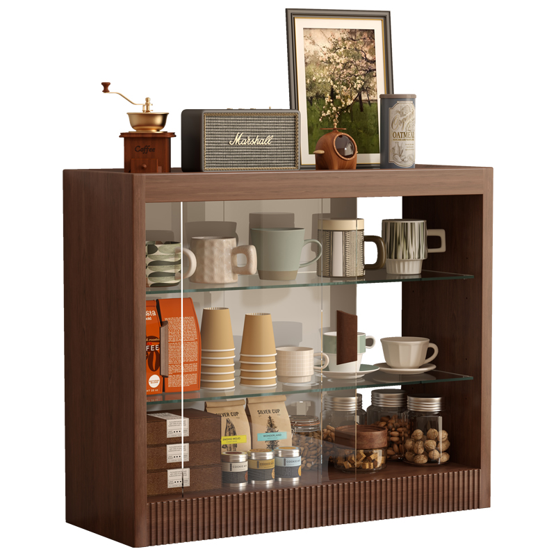 实木桌面杯子收纳置物柜置物架餐厅家用餐边柜咖啡杯玻璃移门柜子