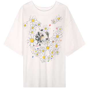 落落狷介 夏日ootd穿搭白色印花T恤女2025年新款宽松小个子上衣