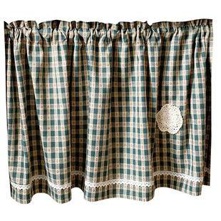 田园绿色十字格子布艺厨房短帘飘窗帘咖啡半遮光防尘帘小半短门帘