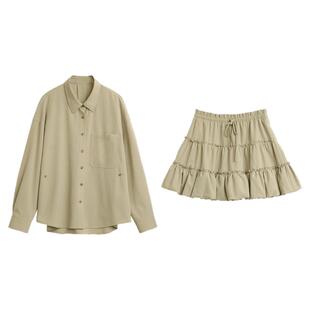 CV大码女装秋季新款肌理感翻领衬衫松紧腰半身蛋糕裙套装女胖妹MM