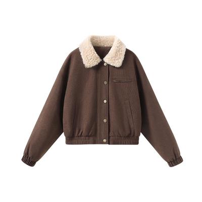 班尼路翻领夹棉开衫外套女2025新款秋冬灯芯绒加厚保暖夹克上衣Q