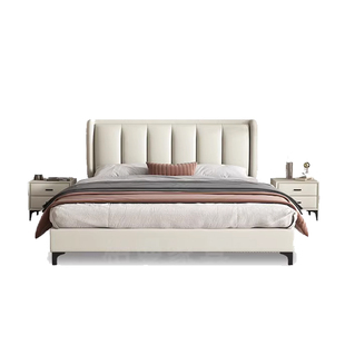 景开家具意式极简真皮床现代简约双人软包主卧床1.5m软包奶油风床