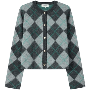 含绵羊毛 BEANPOLE滨波 女士时尚优雅老钱风菱形格纹撞色开衫毛衣