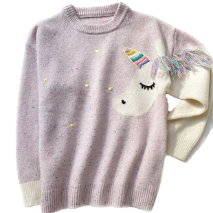 男女童美利奴羊毛衫100%羊毛手工绣独角兽宝宝羊绒衫儿童亲子毛衣