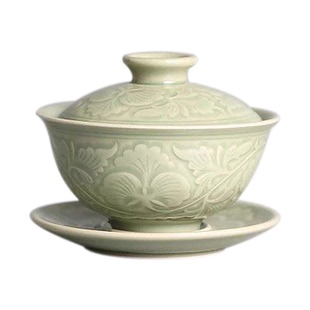 青秘耀州窑 茶具 三才碗盖碗青瓷刻花牡丹 莲纹功夫茶具创意茶杯