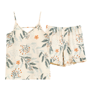 浪莎纯棉睡衣女夏季短裤吊带背心薄款带胸垫性感可外穿家居服套装