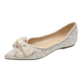 尖头水钻单鞋女2026春夏蝴蝶结晚晚风一脚蹬百搭仙女鞋大码41-43