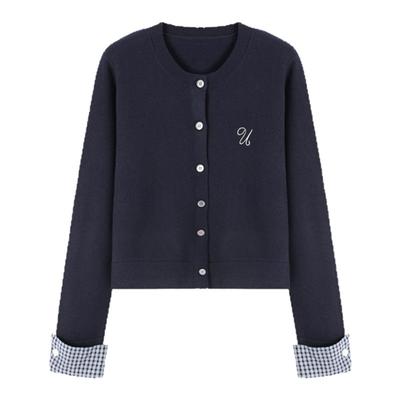 洛可可刺绣格子撞色开衫毛衣