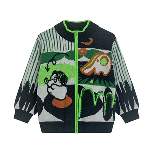 马拉丁儿童外套25秋装新款男童小童小狗提花撞色立领毛衣外套