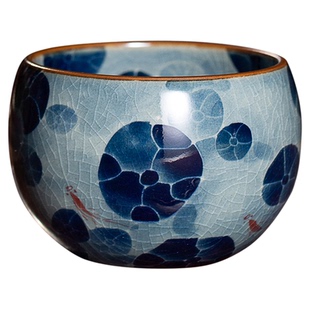 景德镇柴窑青花陶瓷主人杯手绘鱼戏莲叶茶杯高档釉下彩老陶泥单杯