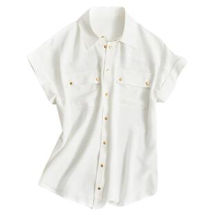 Basic House/百家好通勤白色短袖衬衫女士夏季法式气质POLO领衬衣