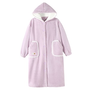 睡袍女秋冬季长款珊瑚绒2024新款保暖高级感连帽睡衣家居服套装冬