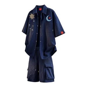 查尔斯桃心 日月印花工装短袖衬衫套装男夏季休闲衬衣运动两件套