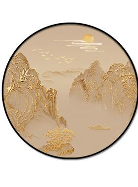 新中式玄关挂画金箔画圆形山水画